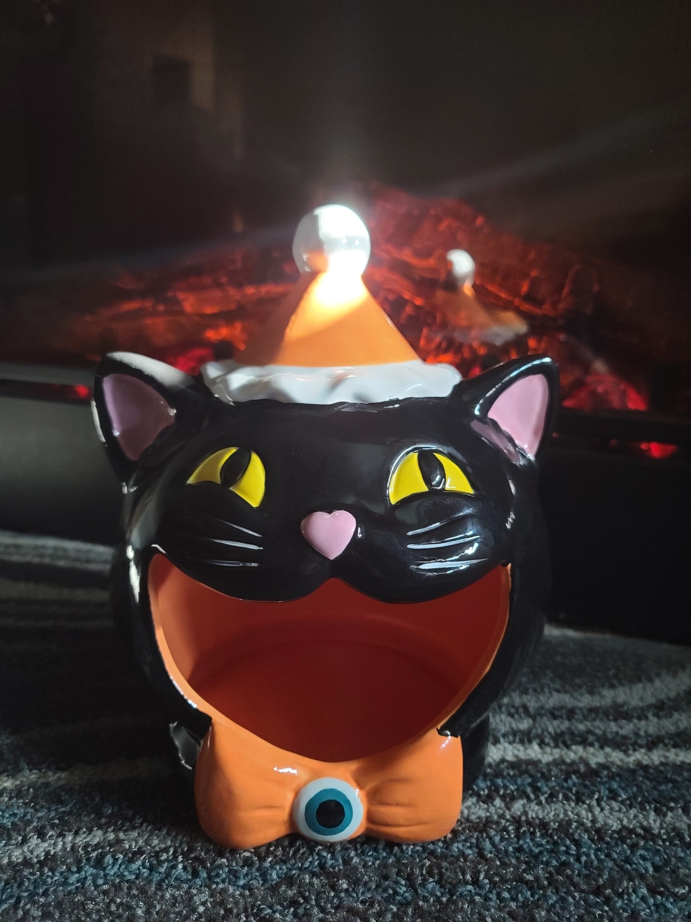 Black Cat Ceramic Treat Holder with Orange Hat and Bow